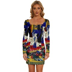 Abstract-1 Long Sleeve Square Neck Bodycon Velvet Dress by bestdesignintheworld