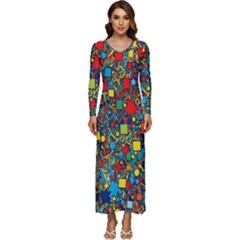 Shapes Pattern Long Sleeve Longline Maxi Dress by Posterlux