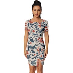 Retro Scandinavian Nordic Flowers Pattern Fitted Knot Split End Bodycon Dress by violetheavensky