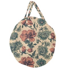 Victorian Beige And Teal Flower Pattern Giant Round Zipper Tote by violetheavensky