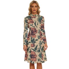 Victorian Beige And Teal Flower Pattern Long Sleeve Shirt Collar A-line Dress by violetheavensky