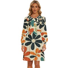 Retro Scandinavian Nordic Flowers Pattern 2 Women s Round Neck Long Sleeve Bow Deco Dress by violetheavensky