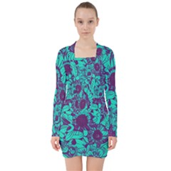 Mid Century Retro Floral 1970s 1960s Pattern 101 V-neck Bodycon Long Sleeve Dress by violetheavensky