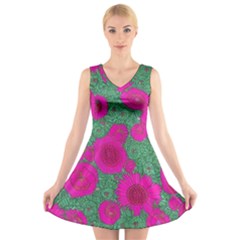 Mid Century Retro Floral 1970s 1960s Pattern 97 V-neck Sleeveless Dress by violetheavensky