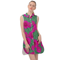 Mid Century Retro Floral 1970s 1960s Pattern 97 Sleeveless Shirt Dress by violetheavensky