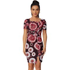Mid Century Retro Floral 1970s 1960s Pattern 96 Fitted Knot Split End Bodycon Dress by violetheavensky