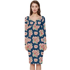 Retro 1880s Flowers Pattern 7 Long Sleeve V-neck Bodycon Dress  by violetheavensky