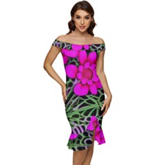 Mid Century Retro Floral 1970s 1960s Pattern 99 Off Shoulder Ruffle Split Hem Bodycon Dress by violetheavensky