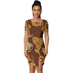 Mid Century Retro Floral 1970s 1960s Pattern 95 Fitted Knot Split End Bodycon Dress by violetheavensky