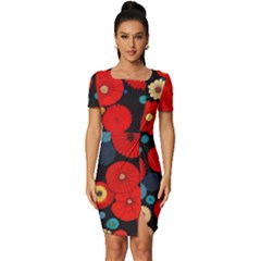 Mid Century Retro Floral 1970s 1960s Pattern 104 Fitted Knot Split End Bodycon Dress by violetheavensky