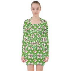 Retro 1880s Flowers Pattern 4 V-neck Bodycon Long Sleeve Dress by violetheavensky