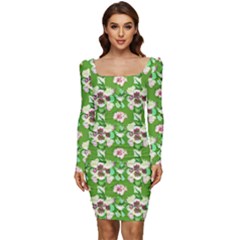 Retro 1880s Flowers Pattern 4 Women Long Sleeve Ruched Stretch Jersey Dress by violetheavensky