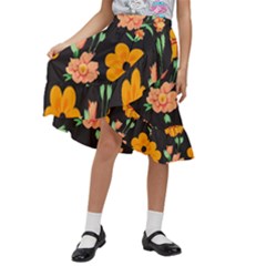 Retro 40s 50s Flowers Pattern Halloween 3 Kids  Ruffle Flared Wrap Midi Skirt by violetheavensky