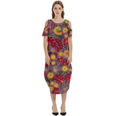 Mid Century Retro Floral 1970s 1960s Pattern 90 Cold Shoulder Loose Fit Dress With Pockets by violetheavensky