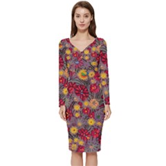 Mid Century Retro Floral 1970s 1960s Pattern 90 Long Sleeve V-neck Bodycon Dress  by violetheavensky