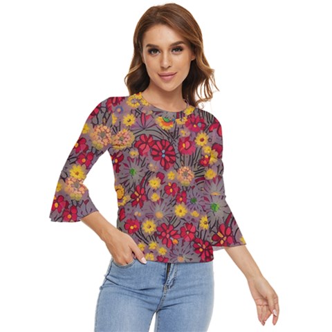 Mid Century Retro Floral 1970s 1960s Pattern 90 Bell Sleeve Top by violetheavensky