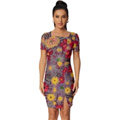 Mid Century Retro Floral 1970s 1960s Pattern 90 Fitted Knot Split End Bodycon Dress by violetheavensky