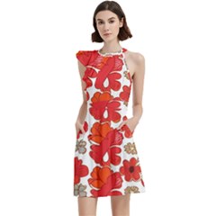 Mid Century Retro Floral 1970s 1960s Pattern 91 Cocktail Party Halter Sleeveless Dress With Pockets by violetheavensky