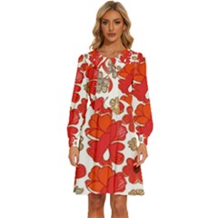 Mid Century Retro Floral 1970s 1960s Pattern 91 Women s Round Neck Long Sleeve Bow Deco Dress by violetheavensky