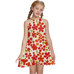 Mid Century Retro Floral 1970s 1960s Pattern 92 Kids  Halter Collar Waist Tie Chiffon Dress by violetheavensky