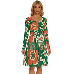 Mid Century Retro Floral 1970s 1960s Pattern 94 Long Sleeve Dress With Pocket by violetheavensky