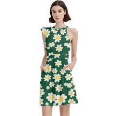 Mid Century Retro Floral 1970s 1960s Pattern 93 Cocktail Party Halter Sleeveless Dress With Pockets by violetheavensky