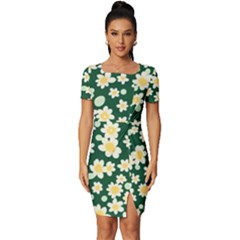 Mid Century Retro Floral 1970s 1960s Pattern 93 Fitted Knot Split End Bodycon Dress by violetheavensky