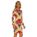 Retro 40s 50s Mexico Flowers Pattern 4 Long Sleeve Shirt Collar Bodycon Dress View3