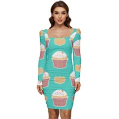 Retro 40s 50s Cupcake Pattern 3 Women Long Sleeve Ruched Stretch Jersey Dress by violetheavensky