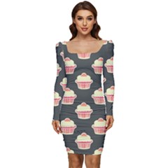 Retro 40s 50s Cupcake Pattern 4 Women Long Sleeve Ruched Stretch Jersey Dress by violetheavensky