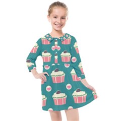 Retro 40s 50s Cupcake Pattern 2 Kids  Quarter Sleeve Shirt Dress by violetheavensky