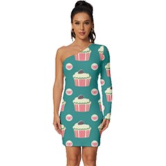 Retro 40s 50s Cupcake Pattern 2 Long Sleeve One Shoulder Mini Dress by violetheavensky