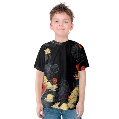 Korean Art Flowers Asian Pattern Kids  Cotton T-shirt by Sabxi