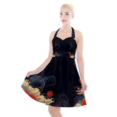 Korean Art Flowers Asian Pattern Halter Party Swing Dress  by Sabxi