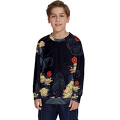 Korean Art Flowers Asian Pattern Kids  Crewneck Sweatshirt by Sabxi