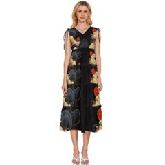 Korean Art Flowers Asian Pattern V-neck Drawstring Shoulder Sleeveless Maxi Dress by Sabxi