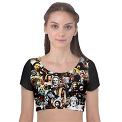 Jesus Christ Modern Halftone Pattern Velvet Short Sleeve Crop Top  by snek
