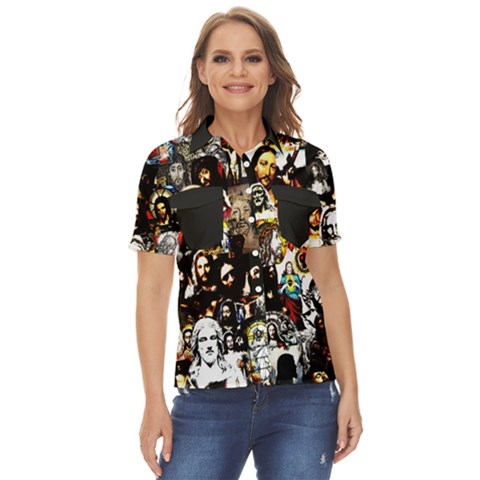 Jesus Christ Modern Halftone Pattern Women s Short Sleeve Double Pocket Shirt by snek