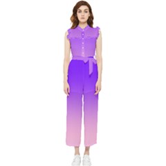 Indigo Violet To Cotton Candy Pink Linear Gradient Women s Frill Top Chiffon Jumpsuit by GradientsOmbre