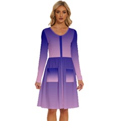 Navy Blue To Cotton Candy Pink Linear Gradient Long Sleeve Dress With Pocket by GradientsOmbre