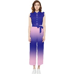 Cotton Candy Pink To Navy Blue Bilinear Gradient Women s Frill Top Chiffon Jumpsuit by GradientsOmbre