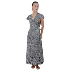 Black White Leopard Flutter Sleeve Maxi Dress by DinkovaArt