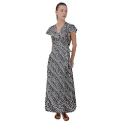 Silver Leopard Flutter Sleeve Maxi Dress by DinkovaArt
