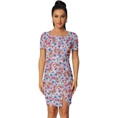 Floral Mix Fitted Knot Split End Bodycon Dress by DinkovaArt