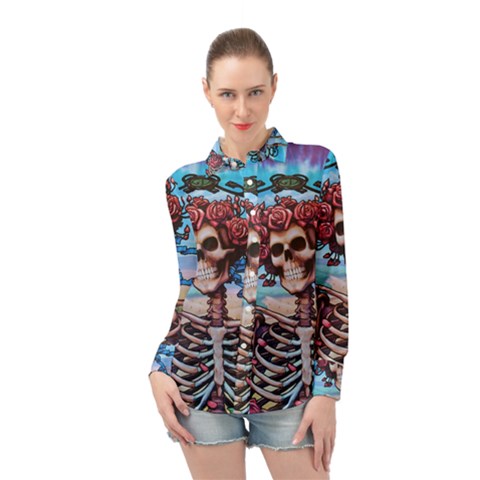 Grateful Dead Hippie Peace Roses Rock Music Legend Long Sleeve Chiffon Shirt by Tsamara