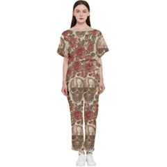 Skull And Roses Flowee Flora Floral Patterns Pattern Batwing Lightweight Chiffon Jumpsuit by Tsamara