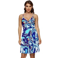 Trippy Dippy Bears Blue Dancing Greatful Dead Skull Steal Your Face V-neck Pocket Summer Dress  by Salmanaz77