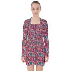 Red Flowers 2 V-neck Bodycon Long Sleeve Dress by DinkovaArt