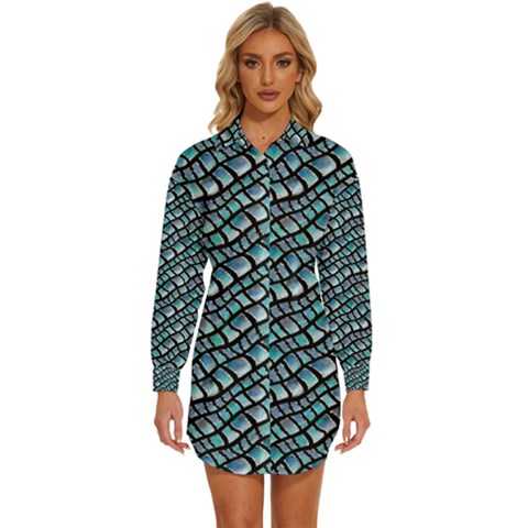 Turquoise Snake  Womens Long Sleeve Shirt Dress by DinkovaArt