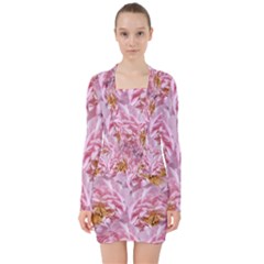 Peonies Nature Bloom Blossom Pink V-neck Bodycon Long Sleeve Dress by Tsamara